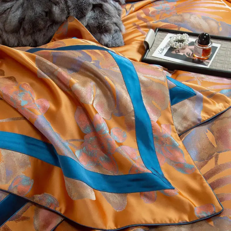 Orchid golden orange & teal egyptian cotton silk bedding set bedroom