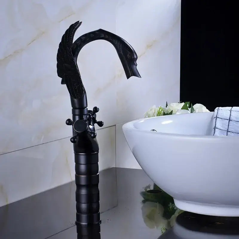 Ornate black bronze swan basin faucet dual cross handle bathroom mixer