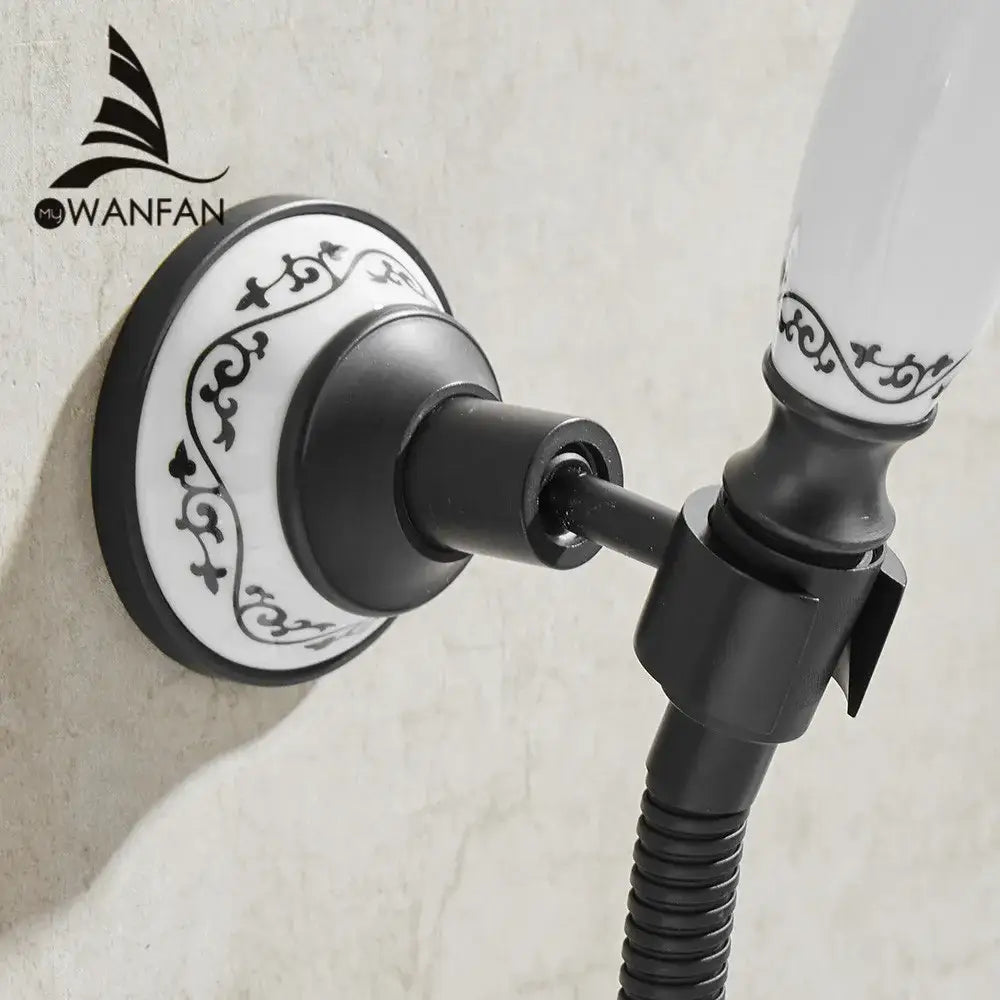 Ornate black & white ceramic handheld shower mount – bathroom accessory