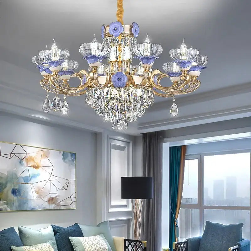 Ornate blue and gold crystal candle chandelier – staircase lighting