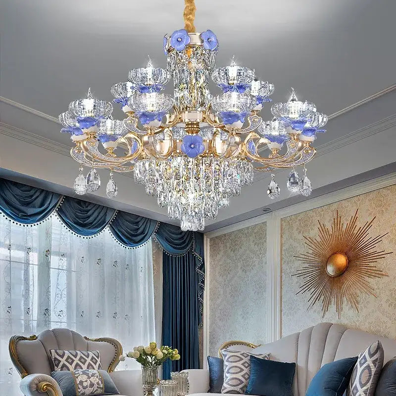 Ornate blue and gold crystal candle chandelier – staircase lighting