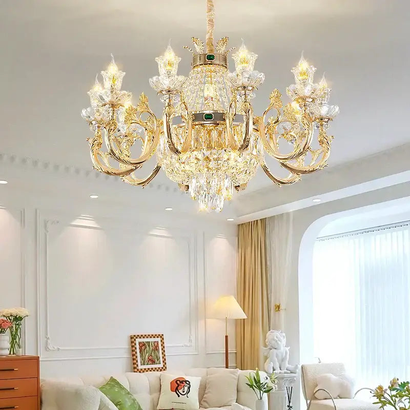 Ornate gold crystal dining room chandelier with green accent stone