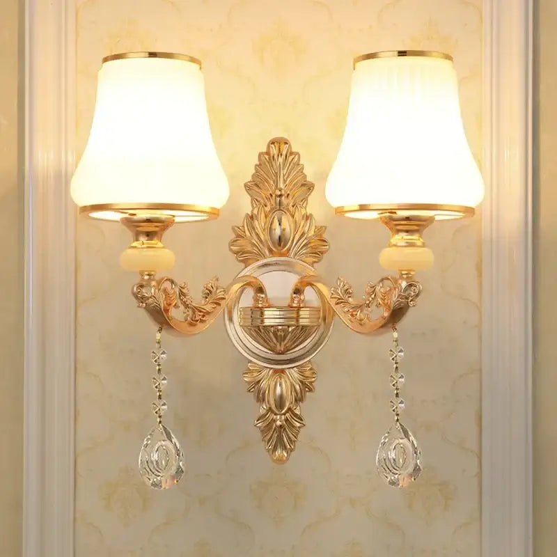 Ornate gold crystal wall sconce bedroom light with frosted shades