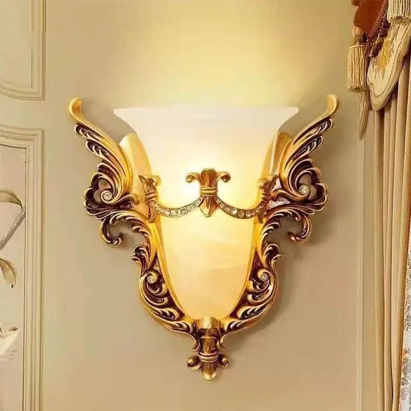 Ornate gold glass sconce light with crystals for living room