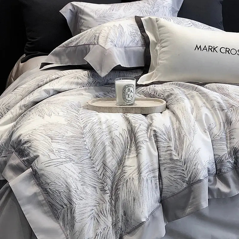 Palm leaf gray & white egyptian cotton bedding sets bedroom linen