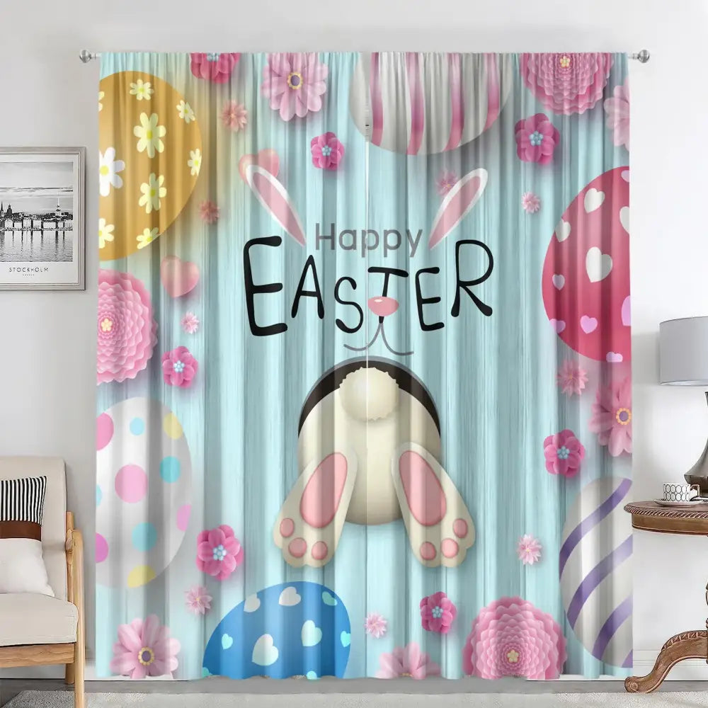Pastel blue bunny easter curtains with pole pocket for living rooms
