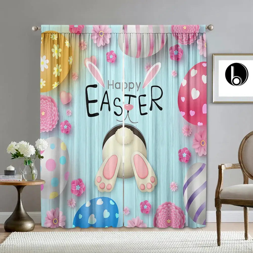Pastel blue bunny easter curtains with pole pocket for living rooms