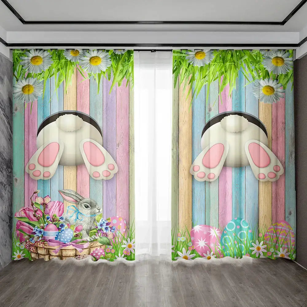 Pastel blue bunny easter curtains with pole pocket for living rooms