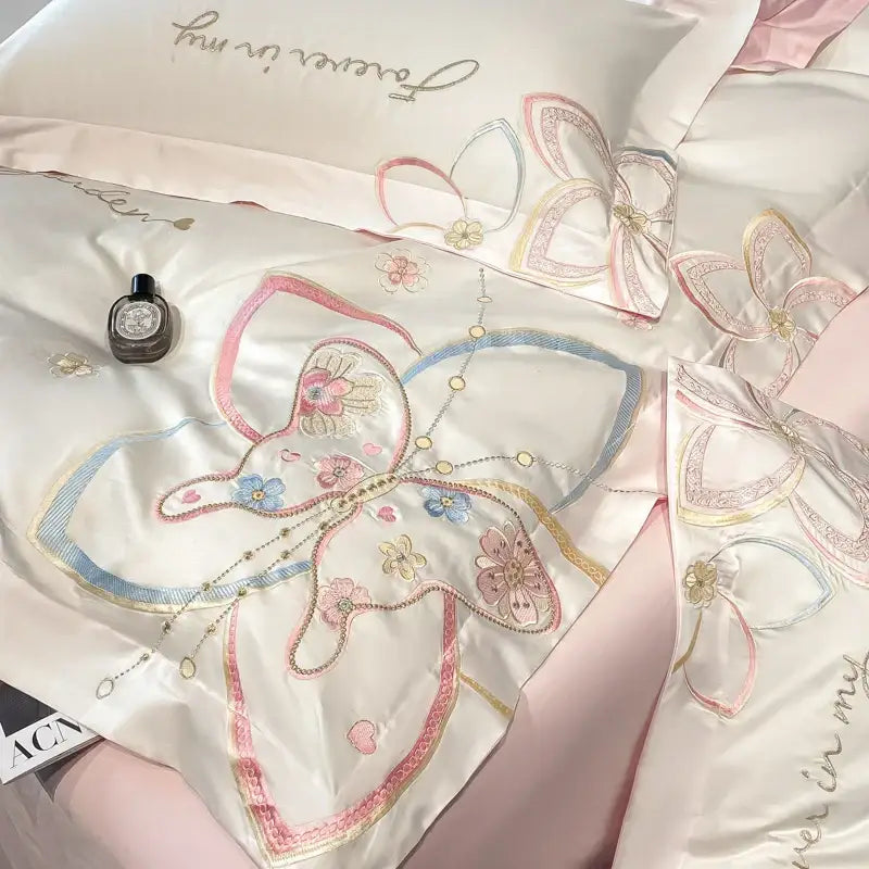 Pastel embroidered butterfly flowers bedding set bedroom duvet set