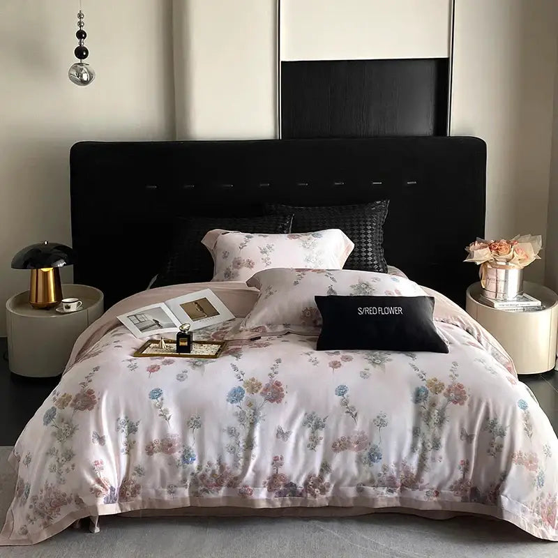 Pastel floral flowers prints bedding set bedroom satin duvet cover