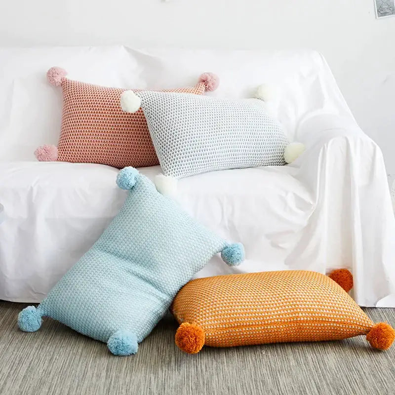 Pastel knit pompom ball cushion cover bedroom decor
