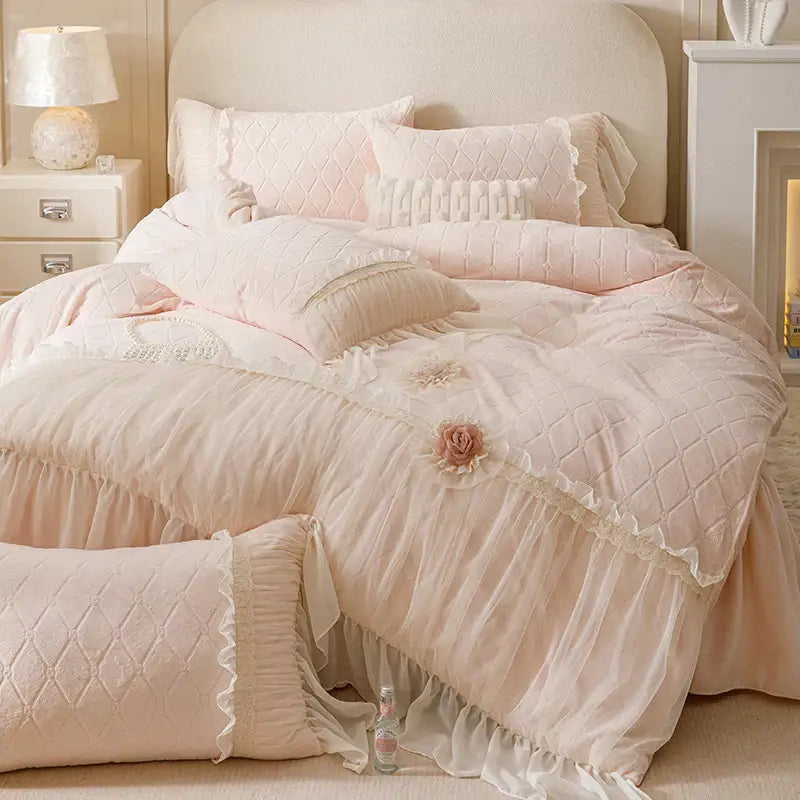 Pastel pink cozy velvet lace flowers bedding set bedroom ruffled trim