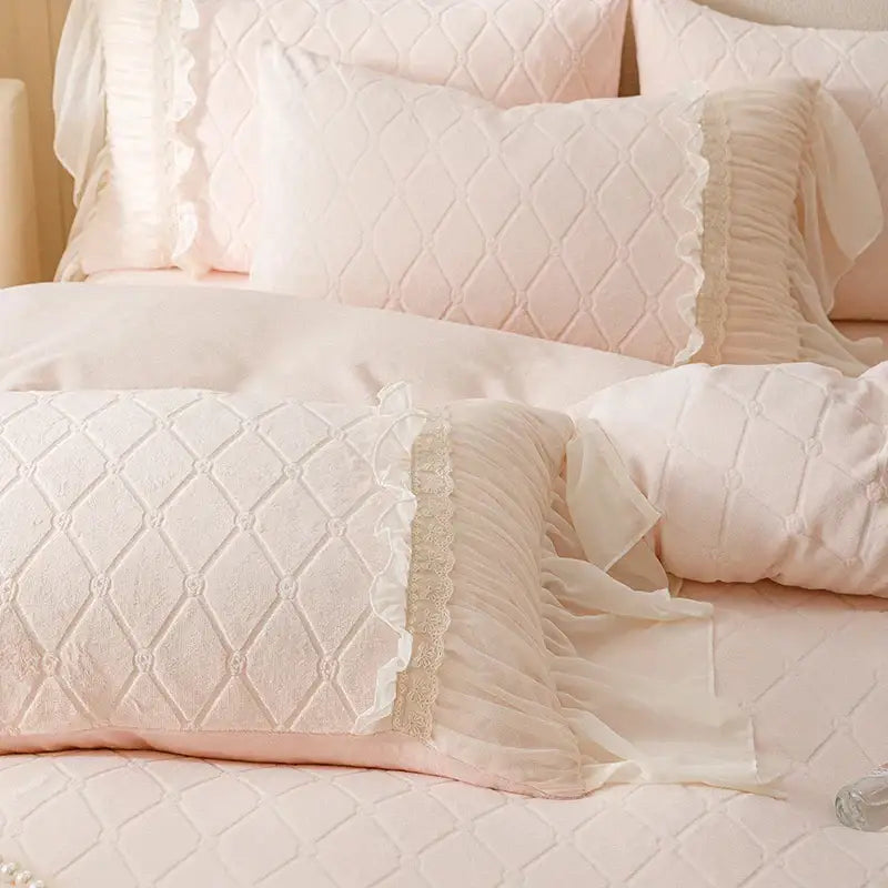 Pastel pink cozy velvet lace flowers bedding set bedroom ruffled trim