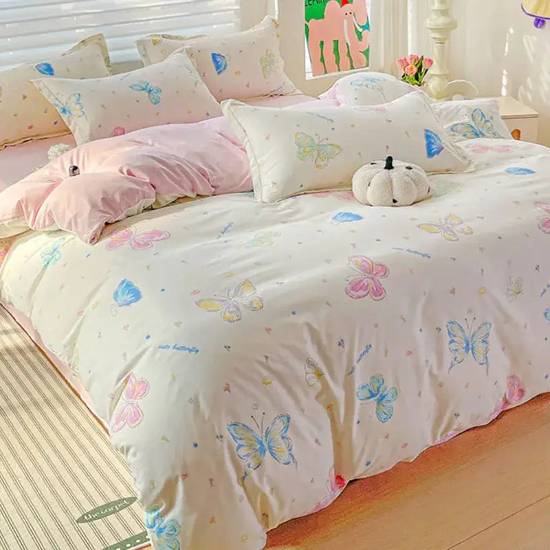 Pastel pink & cream butterfly cozy cotton bedding set bedroom