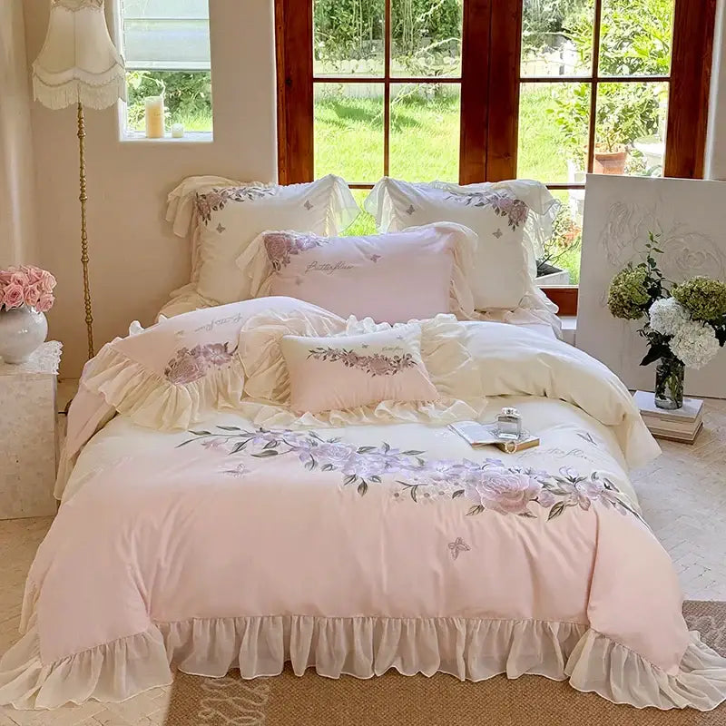 Pastel pink flowers lace ruffles bedding set bedroom decor