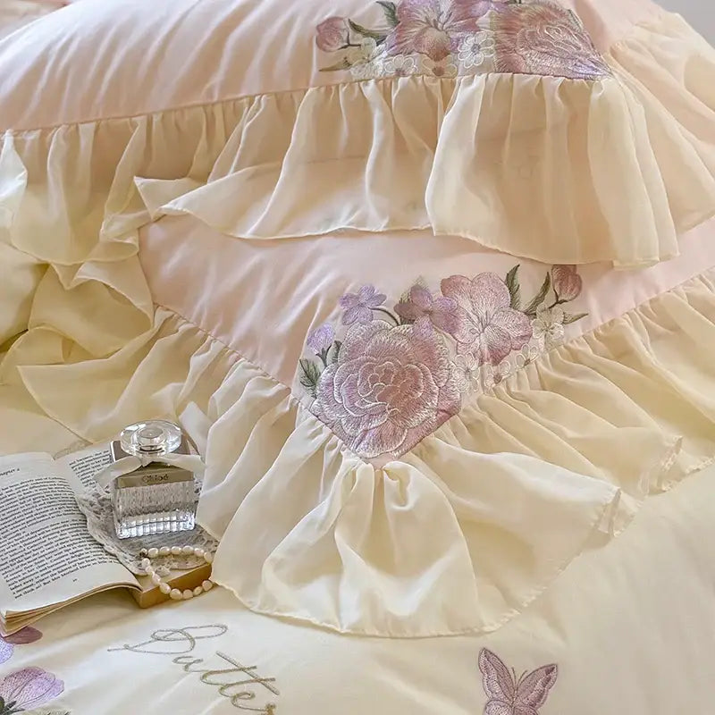 Pastel pink flowers lace ruffles bedding set bedroom decor