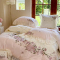 Pastel pink flowers lace ruffles bedding set bedroom decor