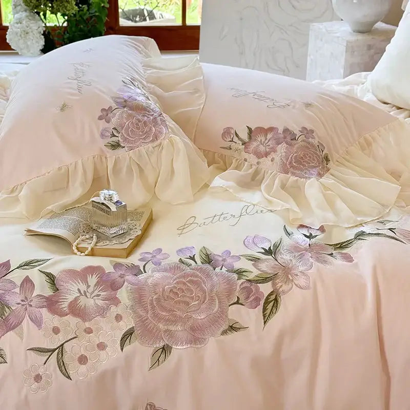 Pastel pink flowers lace ruffles bedding set bedroom decor