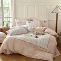 Pastel pink & gray cotton embroidered bedding set bedroom duvet cover