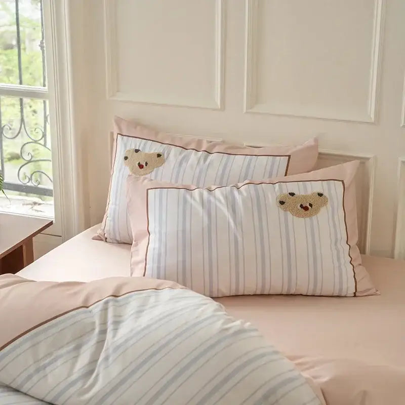 Pastel pink & gray cotton embroidered bedding set bedroom duvet cover