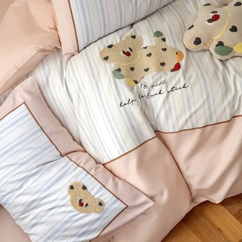 Pastel pink & gray cotton embroidered bedding set bedroom duvet cover