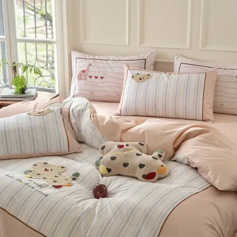 Pastel pink & gray cotton embroidered bedding set bedroom duvet cover