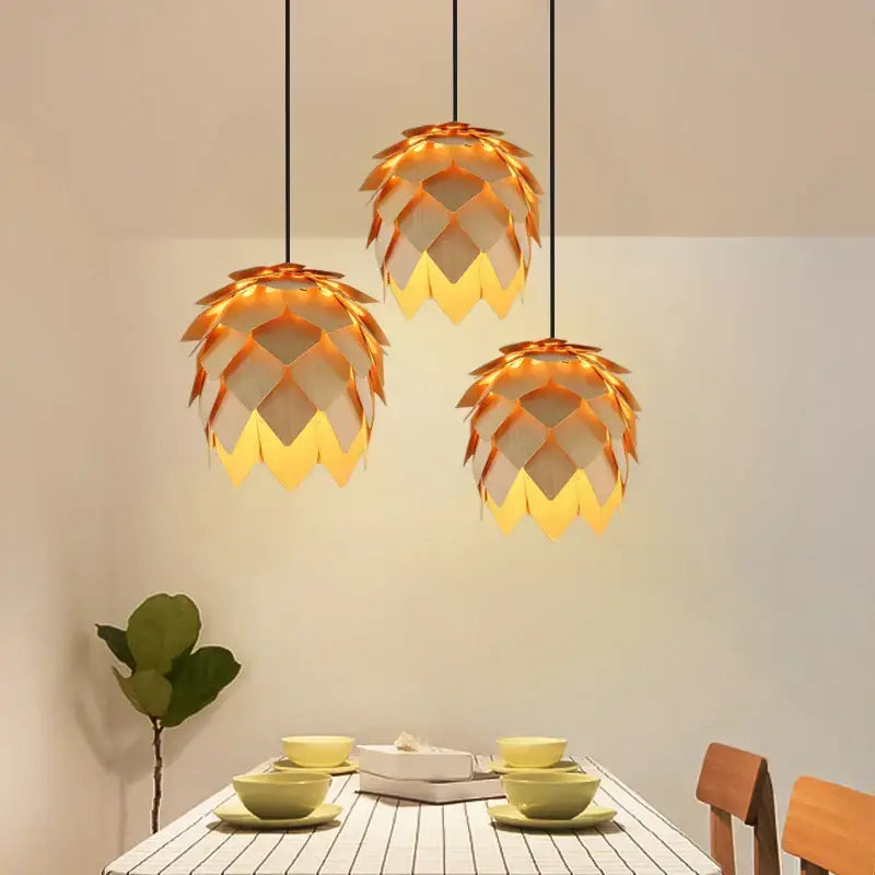 Pinecone wooden style orange & gold pendant lights dining room