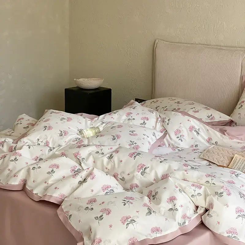 Pink and cream floral egyptian cotton print bedding set bedroom