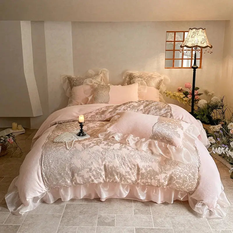 Pink and silver french lace ruffles bedding set for bedroom