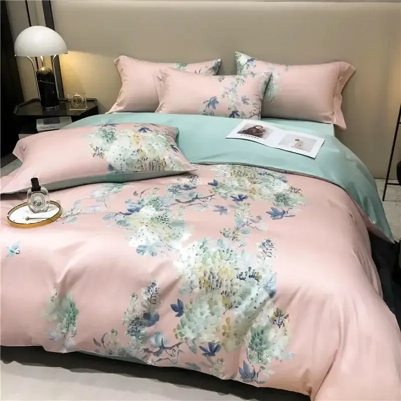 Pink and teal floral egyptian cotton bedding set bedroom duvet cover