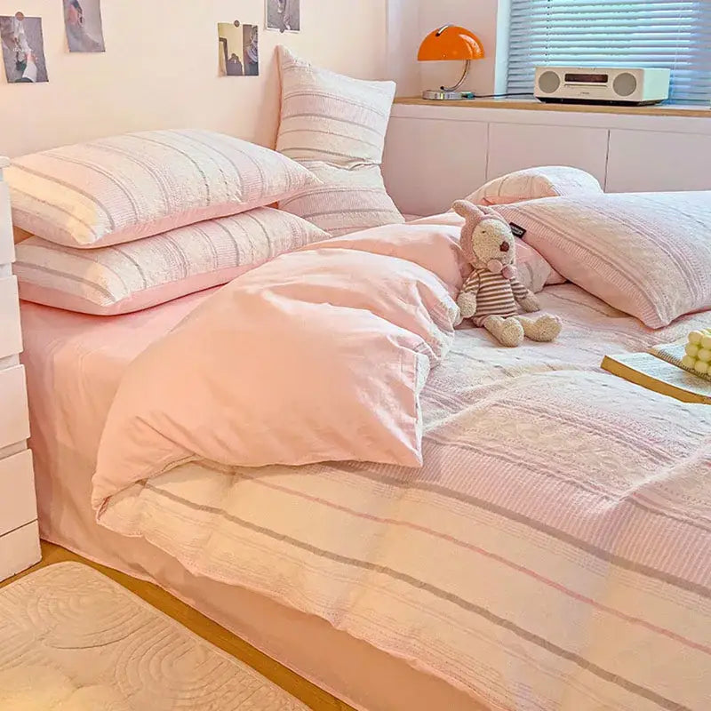 Pink and white striped cotton jacquard bedding set bedroom decor