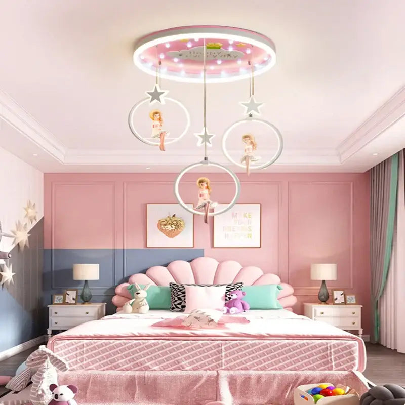Pink cartoon princess kids room chandelier with led ring and dolls