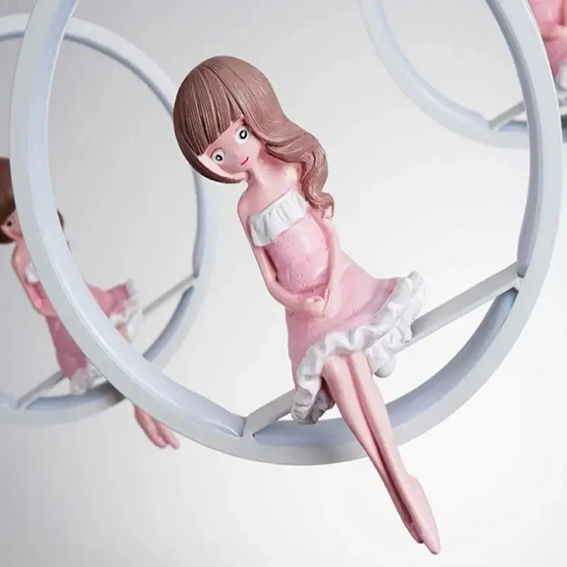 Pink cartoon princess kids room chandelier with led ring and dolls