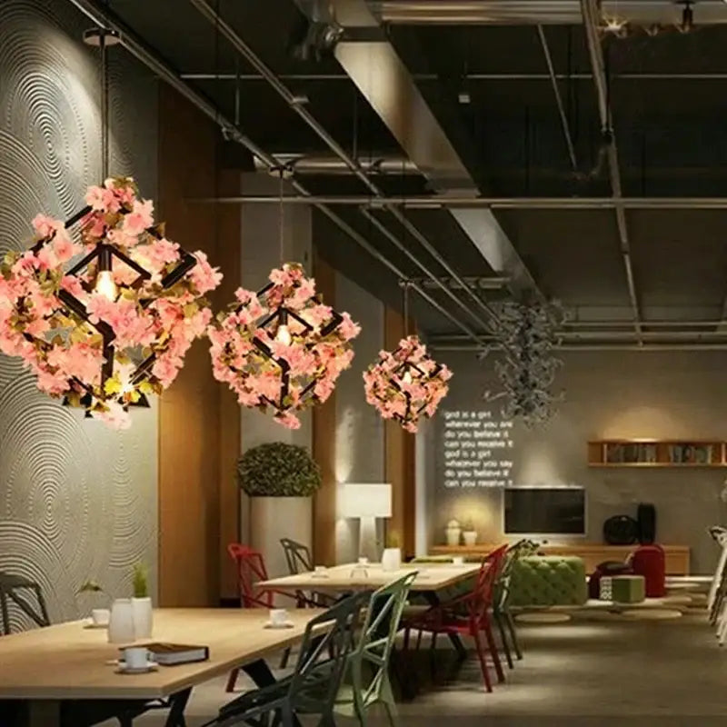 Pink cherry blossoms green plants pendant light dining room