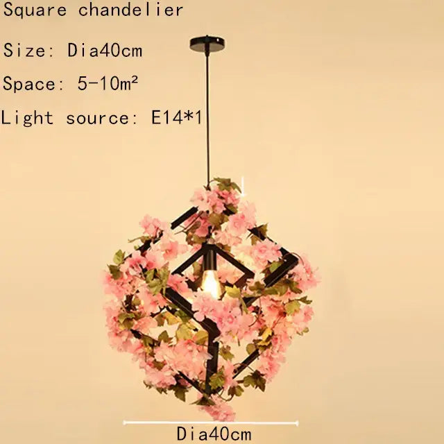 Pink cherry blossoms green plants pendant light dining room