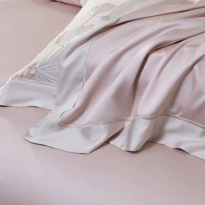 Pink cotton flowers embroidery bedding set bedroom satin finish
