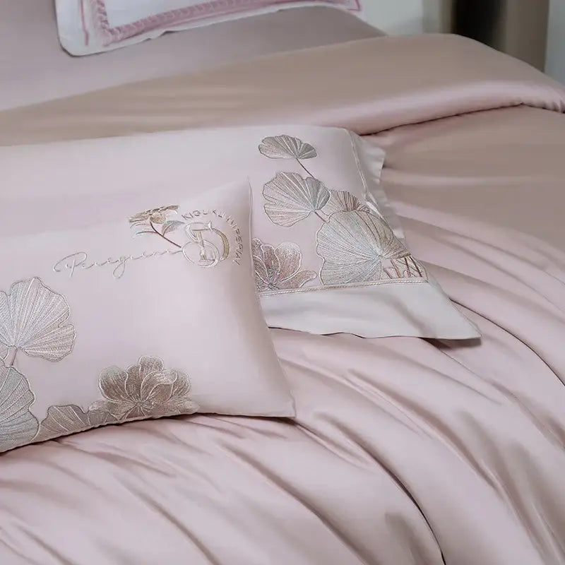 Pink cotton flowers embroidery bedding set bedroom satin finish