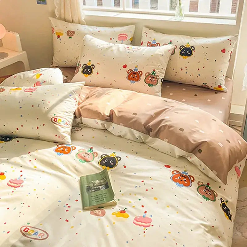 Pink & cream cotton cartoon printed bed set bedroom bear decor