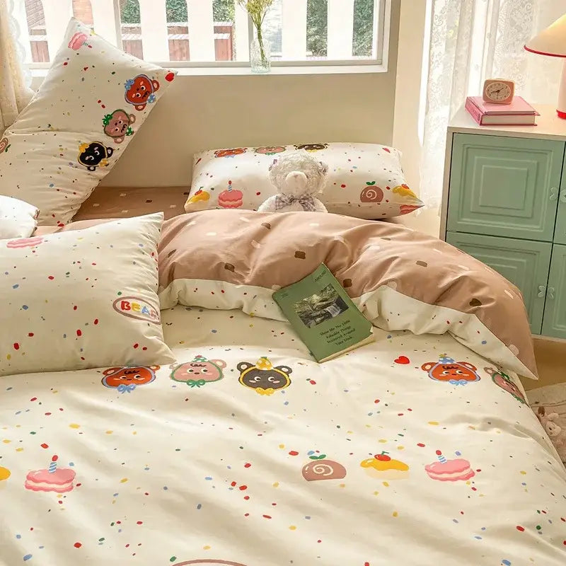 Pink & cream cotton cartoon printed bed set bedroom bear decor