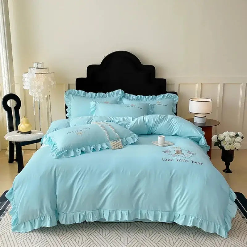 Pink embroidered bear cotton bed skirt set bedroom ruffled bedding