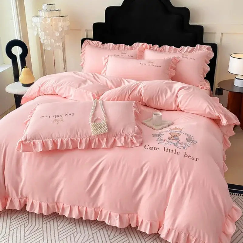 Pink embroidered bear cotton bed skirt set bedroom ruffled bedding