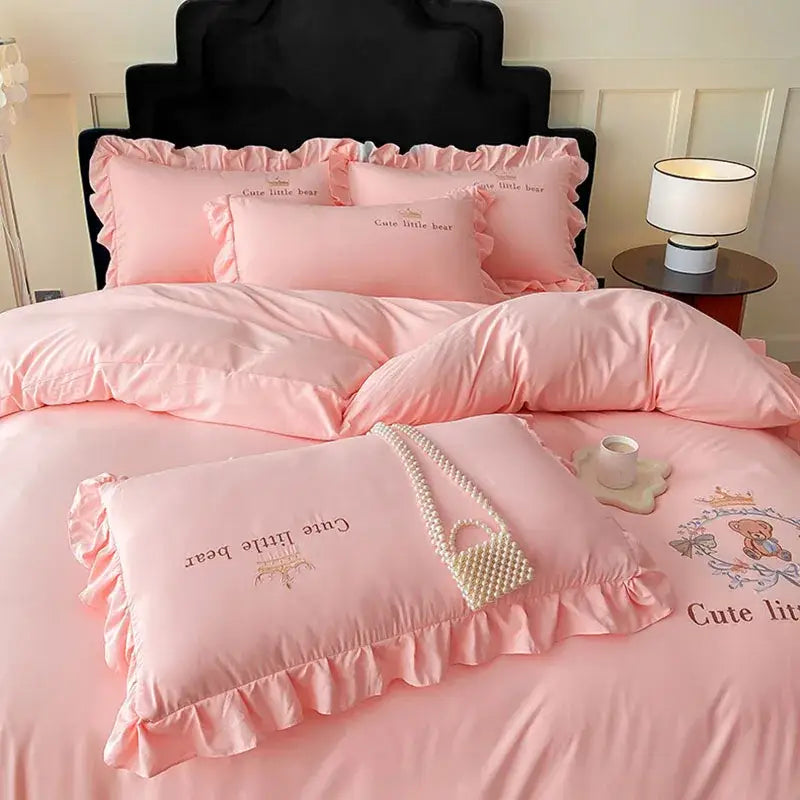 Pink embroidered bear cotton bed skirt set bedroom ruffled bedding