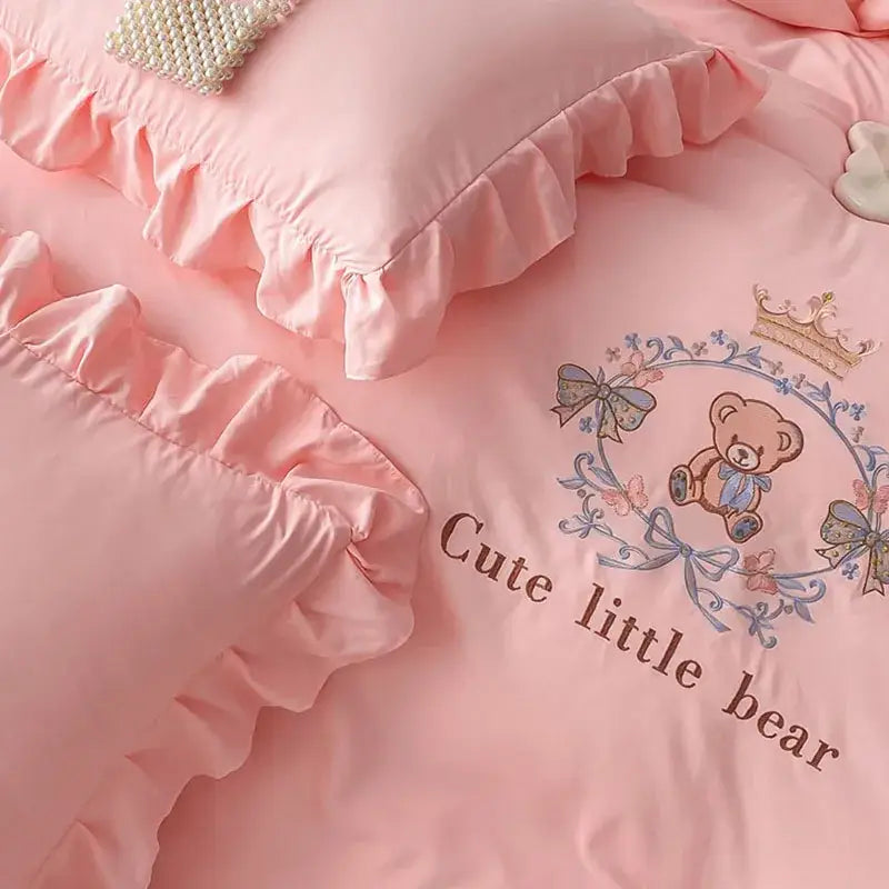 Pink embroidered bear cotton bed skirt set bedroom ruffled bedding