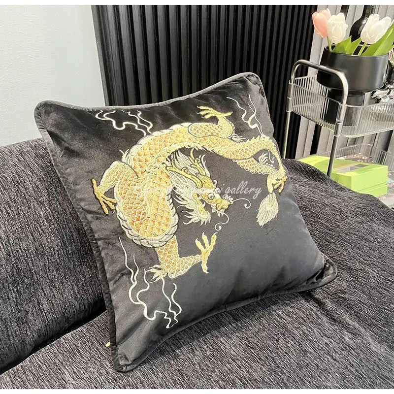 Pink embroidered dragon velvet pillow cover living room decor