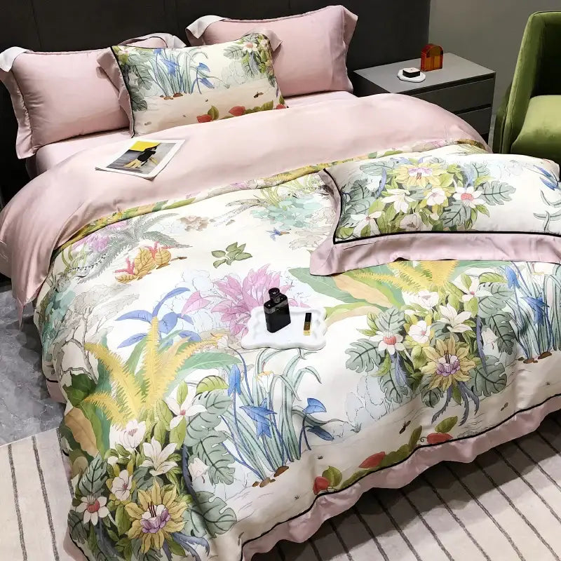 Pink floral eucalyptus lyocell flowers duvet set bedroom bedding