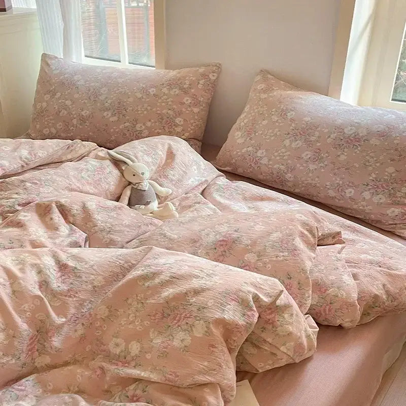 Pink floral jacquard fitted sheet set bedroom soft textured yarn
