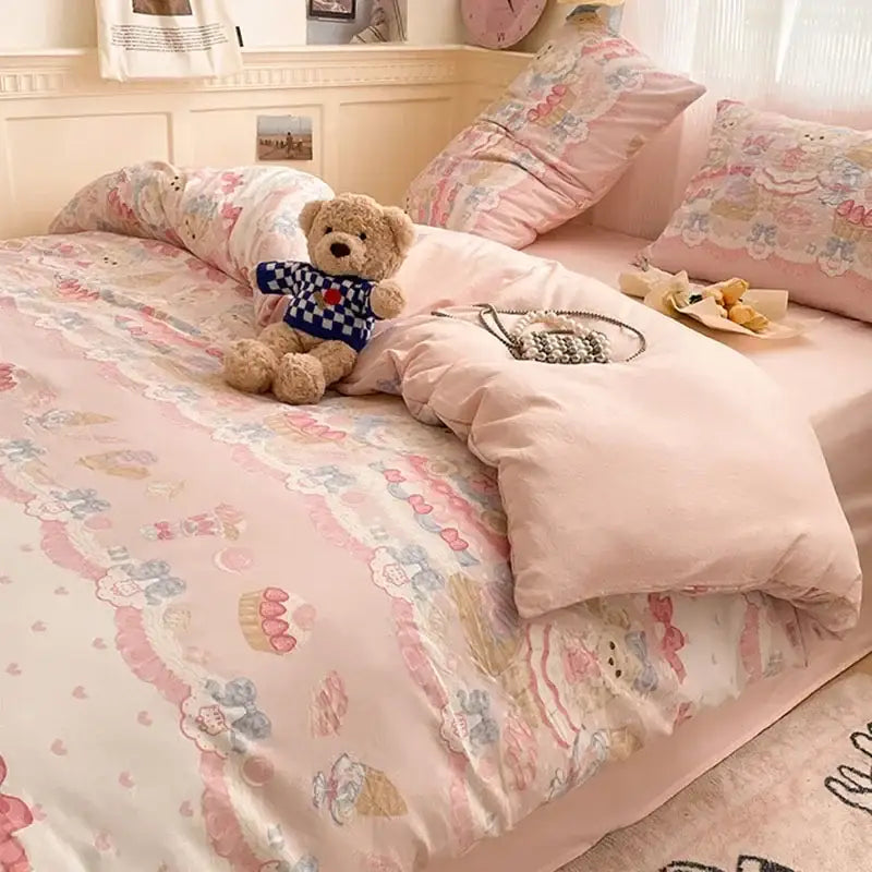 Pink floral lace cotton comforter set bedroom cozy cartoon printed
