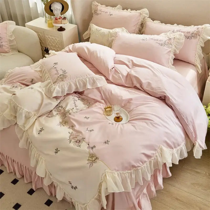 Pink flowers lace ruffles bedding set bedroom egyptian cotton