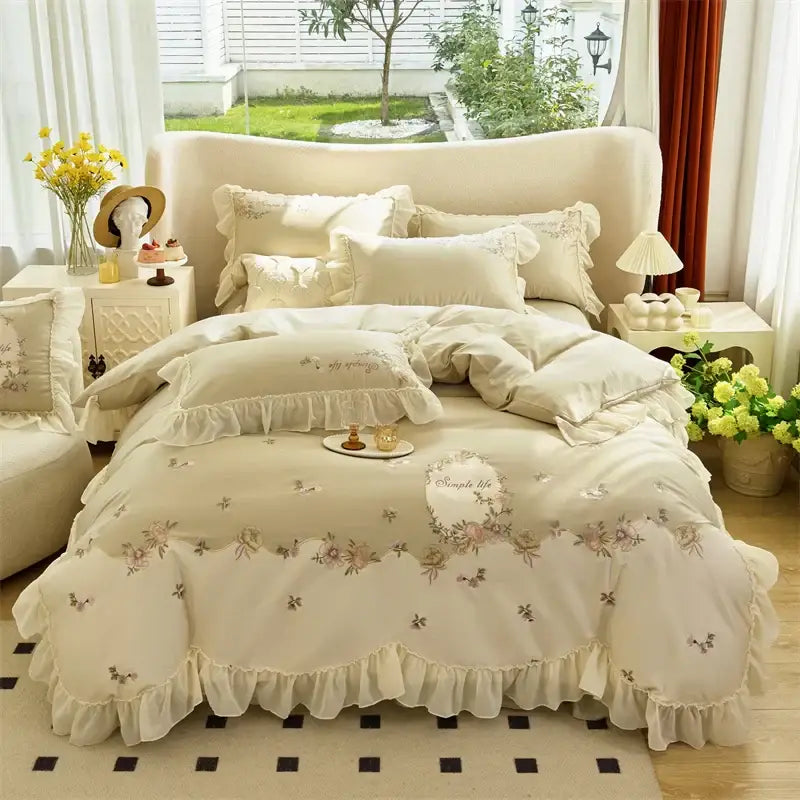 Pink flowers lace ruffles bedding set bedroom egyptian cotton
