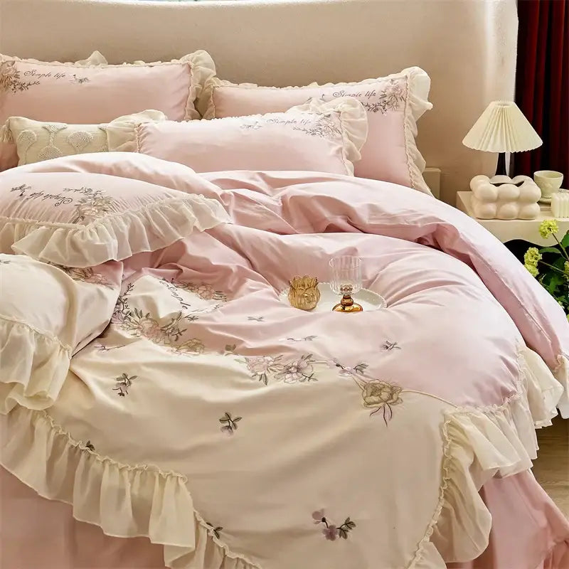 Pink flowers lace ruffles bedding set bedroom egyptian cotton